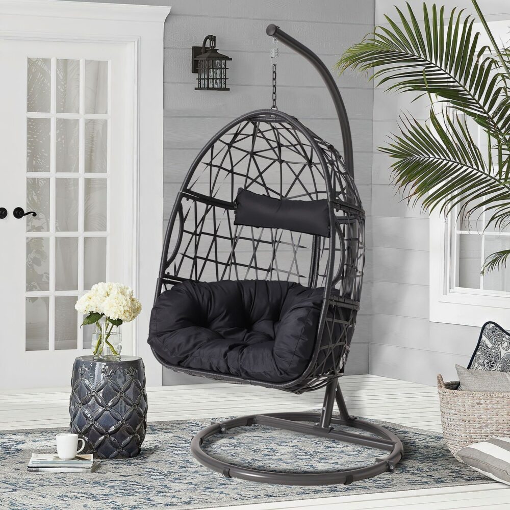 Haverchair Egg Chair with Stand Outdoor Patio Wicker Hanging Chair Swing Chair with Cushion - Image 8