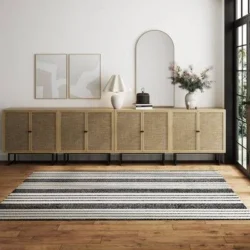 Set of 3 Wood & Rattan Storage Cabinets Oak - Image 9