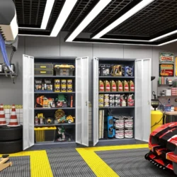 71 inch Metal Garage Storage Cabinet with Locking Doors and Adjustable Shelves - Grey White - Image 5