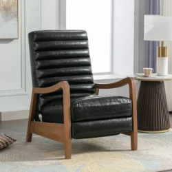 Ilaan 26" Genuine Leather Recliner with Parawood Base Easy Push Back (Set of 2) Red Barrel Studio Body Fabric: Black - Image 3