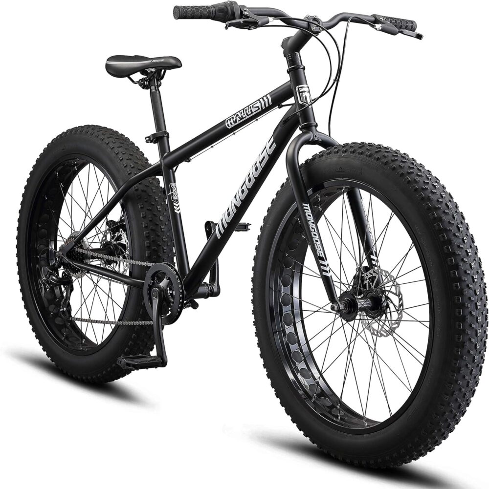 Mongoose Malus Mens and Women Fat Tire Mountain Bike, 26-Inch Bicycle Wheels, 4-Inch Wide Knobby Tires, Steel Frame, 7 Speed Drivetrain, Shimano Rear Derailleur, Disc Brakes - Image 3