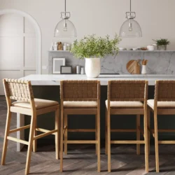 Cohen 29 in. Natural Brown Wood Mid-Century Faux Leather Counter Height Bar Stool with Woven Back for Kitchen Set of 4 - Image 5