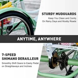 Viribus Adult Tricycle, 7 Speed Tricycle for Adults, 24" 3 Wheel Bikes for Adults with Baskets - Image 6